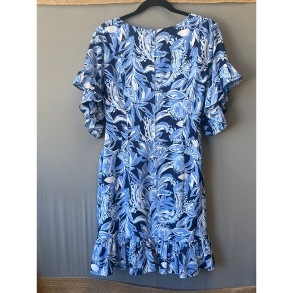 Lilly Pulitzer Cascade Ruffle Sleeve Dress 14 Navy Blue Tropical Botanical Print - Picture 8 of 12